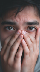Close-up portrait of a stressed man covering his face expressing anxiety and emotional distress.
