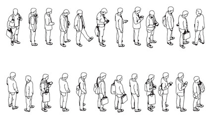 Collection of isometric line art figures depicting men waiting in line or independently interacting with smartphones and carrying various briefcases or bags.