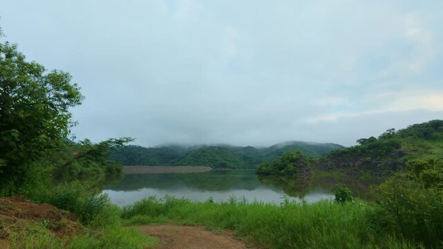 Peaceful Lake At Sunrise In Presa El Carrizo Near Tamazula de Gordiano In Jalisco, Mexico. Wide Shot