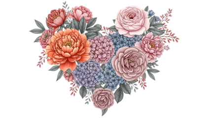 Beautiful floral heart arrangement with pink roses and orange flowers isolated on transparent background for valentines day or wedding