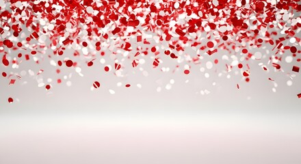 Falling red and white confetti background for festive celebration and party event with blurred bokeh and depth effect