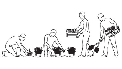 Sequence of line art illustrations depicting farm workers planting and cultivating crops showing stages of horticultural labor progression outdoors © NaeemurRahman