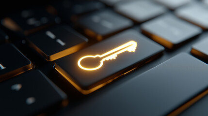 Illuminated key icon on a computer keyboard symbolizing digital security, access, and data protection.
