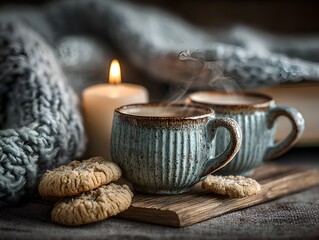 Two ceramic mugs with hot drinks and cookies are presented on a wooden board with a candle and cozy grey blanket background creating warmth.