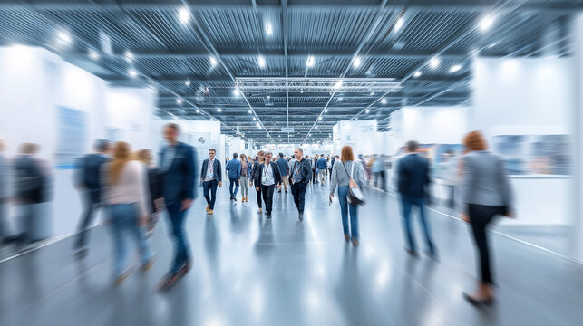 Large crowd moving through a modern exhibition hall during a trade fair representing business networking and industry events.
