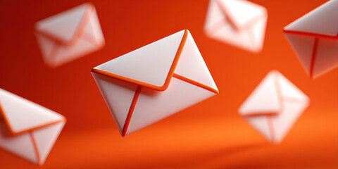 Floating white envelope with orange trim on vibrant red orange background, paper mail concept with motion and warm energetic mood