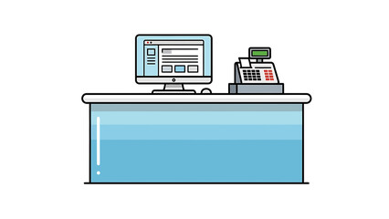Vector illustration of a cashier counter with a computer and cash register on a blue desk