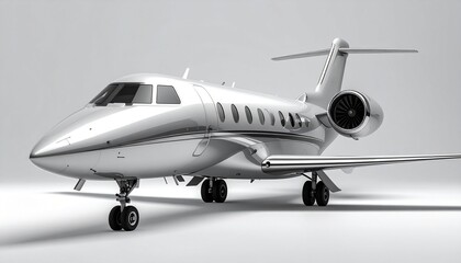 White private jet with twin engines on gray runway