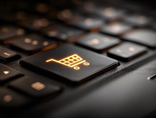 Obraz premium Illuminated shopping cart symbol on a black keyboard key promoting online shopping and e-commerce accessibility for the modern consumer.