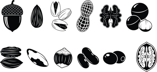 Black and white vector illustration of assorted nuts and seeds including almond, walnut, peanut, pistachio, hazelnut, pecan, acorn, Brazil nut, olive, beans © Maminul