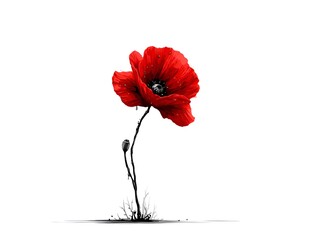 Obraz premium A vibrant red poppy blossom with delicate petals stands out against a clean white background highlighting its beauty and detail.
