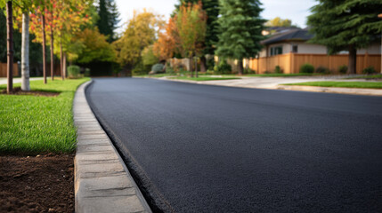 Fototapeta premium Fresh blacktop asphalt road with smooth surface curving through suburban neighborhood lined with green lawn, young trees, and houses in soft autumn light