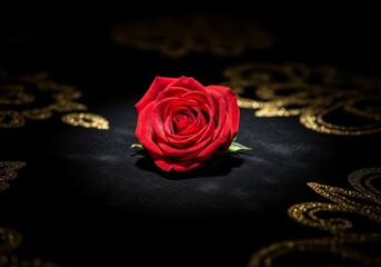 A single beautiful red rose rests near elegant golden rings on a black background, creating a romantic floral bloom perfect for a Valentine gift of love and beauty