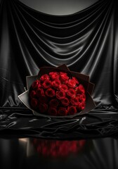 red rose petals on black velvet with sharp light edges, luxury dramatic macro tone