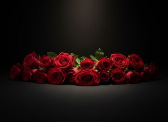 A beautiful bouquet of red roses on a black background creates a romantic floral decoration for a Valentine gift or wedding celebration of love