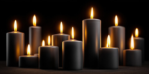 Black pillar candle, lit taper candle, glowing flame, memorial candle, dark background, warm light