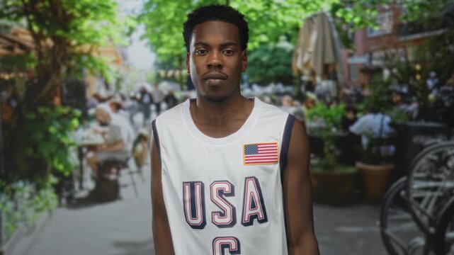 Man wearing usa basketball jersey with hand on chest on street terrace restaurant amid outdoor patio scene; patriotism pride.