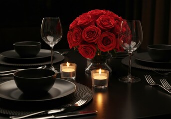 romantic dinner table lit only by candlelight, dark environment, deep warm shadows, emotional intimacy