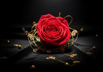 A single beautiful red rose with delicate petals symbolizes love and romance, blooming as a floral gift for a Valentine wedding or anniversary isolated against a dark black background