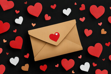 Envelope with red heart sticker on black background surrounded by red white and tan paper heart cutouts, romantic valentines day love letter scene with scattered heart shapes and warm tone