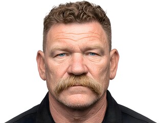 Obraz premium Portrait of an older man with a prominent mustache sta directly at the camera against a bright white studio background with short curly hair.
