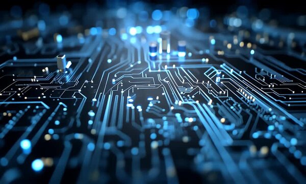 Abstract glowing blue circuit board pathways with intricate lines and illuminated nodes creating a futuristic digital technology concept background