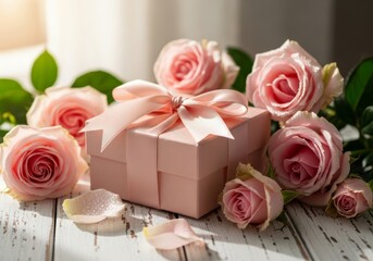 A beautiful floral arrangement featuring a bunch of pink roses in a gift box for a romantic Valentine or anniversary celebration isolated on a plain background