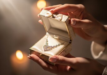 A woman's hands holding a surprise Valentine's Day gift box with a gold ribbon and bow, giving a jewelry ring or holiday present as a decoration of love