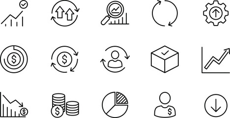 Set of 15 black business and financial line art icons including trending charts currency symbols and analytical tools on white background.