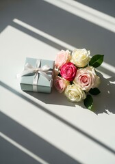 A beautiful pink rose bouquet and gift box for a romantic wedding celebration or Valentine celebration with a floral arrangement of blossoms for the bride