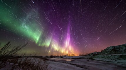 Spectacular Northern Lights and Starry Sky in Winter Landscape