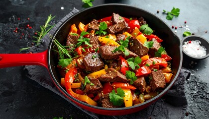 A healthy restaurant dish of frying pan chicken and beef meat with red hot chili peppers and fresh vegetables including onion and tomato for a hot cooking meal dinner