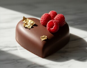 Chocolate Heart with Raspberries and Gold Leaf