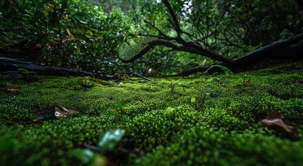 Lush Green Moss Carpet Blanketing a Serene Forest Floor with Blurred Canopy.