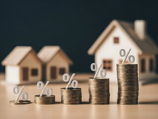 Stacks of gold coins with percentage symbols in front of toy houses money finance 1