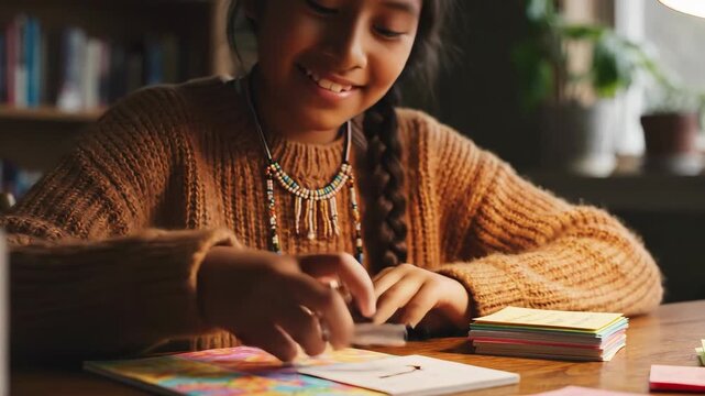 Joyful Young Student Creatively Writing in Her Notebook During a Cozy Evening Study Session at Home