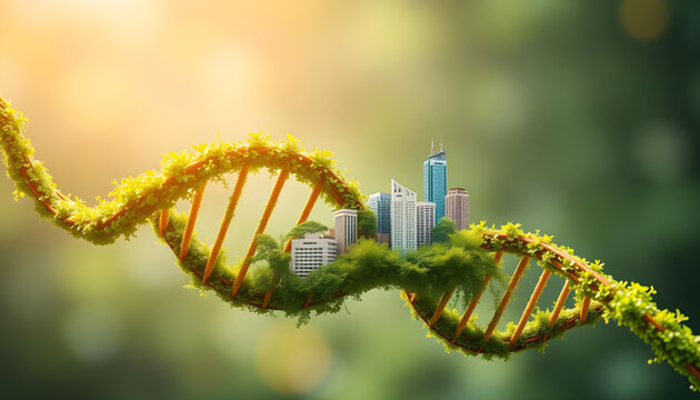 A vibrant, verdant DNA double helix houses a miniature cityscape, symbolizing the intricate connection between nature and urban development. The image evokes themes of sustainability and bio-engineer - Powered by Adobe