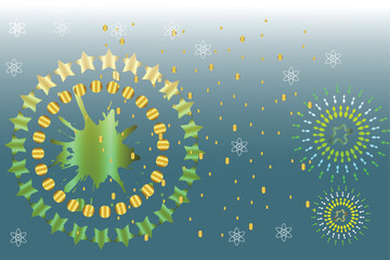 The image features a vibrant display of fireworks arranged in a circular formation. The duration of the fireworks and celebration party banner icons with stars for Christmas holyday vector image.