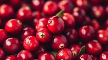 Close-up of Fresh Red Cranberries with Green Leaves Showcasing Bright Colors and Natural Texture