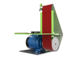 Industrial Belt Grinder 3D Render: Professional Abrasive Sander, Polisher, and Edges Sharpener Workshop Tool. Isolated PNG Asset for Heavy-Duty Metalworking, Fabrication, and Woodworking Projects.