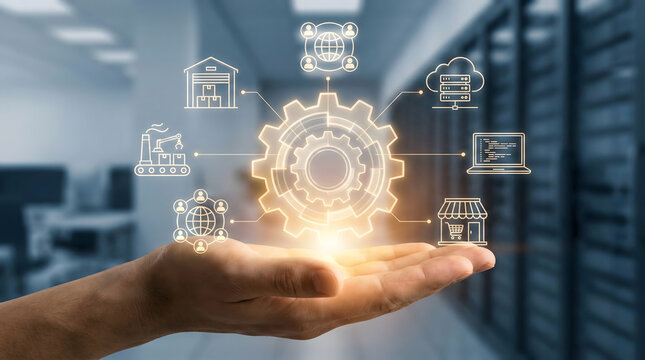 Futuristic vision of global logistics and supply chain management with digital icons over a human hand,concept of smart industry,warehouse,delivery,automation,and internet of things. - Powered by Adobe