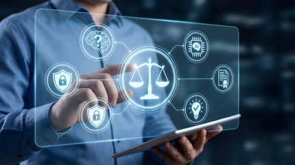 Legal technology concept with balance scale,artificial intelligence law,digital justice system,cyber law enforcement,compliance interface,lawyer using futuristic screen,ethical business code.