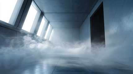 Misty white virtual space with low fog filling modern corridor lit by angled windows, atmospheric and mysterious with soft reflections and cool blue tones
