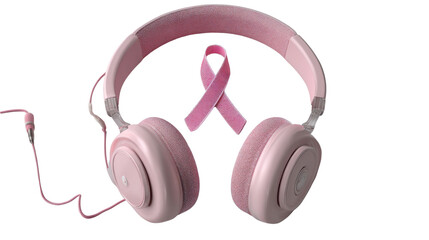 Pink Headphones with Breast Cancer Awareness Ribbon Isolated on White Background