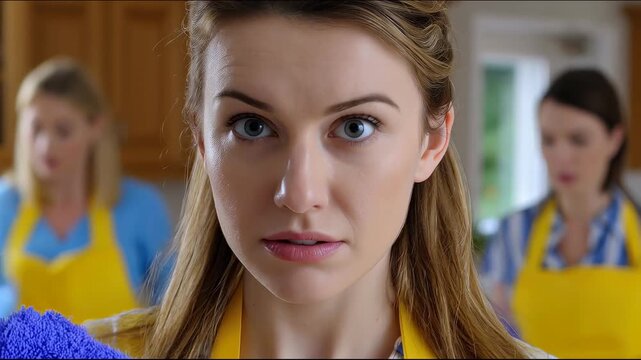 Woman holding sponge smiling in kitchen with other people - Powered by Adobe