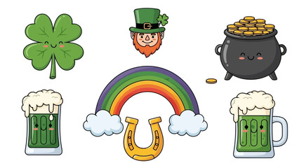 St. Patrick's Day cartoon icons: shamrock, leprechaun, pot of gold, rainbow, horseshoe, green beer.