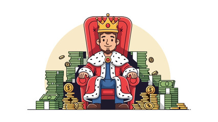 A cartoon king sits on a throne surrounded by stacks of money and gold coins.