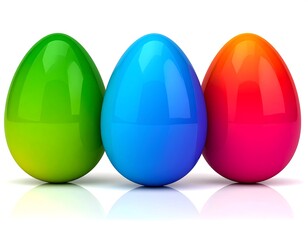 Three bright, glossy, colorful eggs arranged in a row with white backdrop