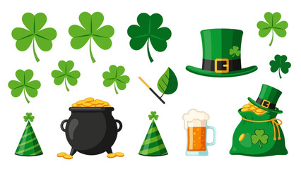 A collection of St. Patrick's Day themed illustrations including shamrocks, a pot of gold, a leprechaun hat, and a mug of beer.