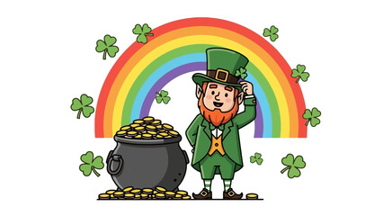 A cartoon illustration of a leprechaun standing near a pot of gold with a rainbow in the background.